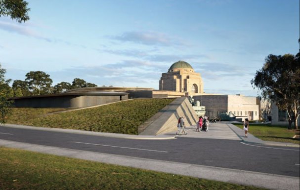 Back of the main memorial building behind Anzac hall. A render of the design competition entry that retained ANZAC Hall.
