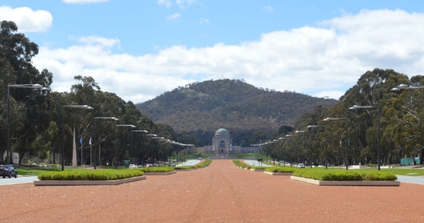 View from the Lake end of Anzac Parade with the Memorial with Mount Ainslie in the background.