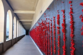 Roll of Honour with Bright red commemorative poppies.