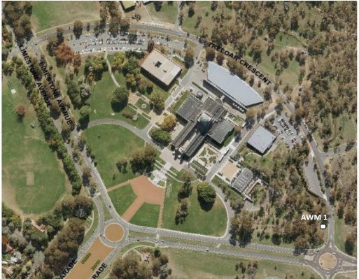 Aerial photography of the memorial with a white box to indicate the indigienous arterfact.