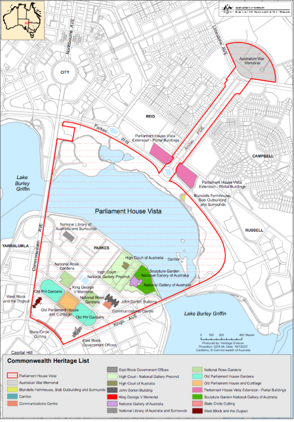 Location Plan for Anzac Parade in the context of the Parliament House Vista area, showing the range of Commonwealth Heritage Listed places within the Vista.