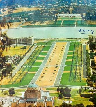 View of Anzac Parade, 1966-67, elevated view over Australian War Memorial towards Old Parliament House