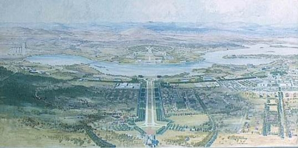 NCDC perspective illustrating the design of Lake Burley Griffin and adjacent areas, c1960s, from Mount Ainslie looking along the Land Axis