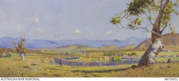 Painting of The Inauguration of the Australian War Memorial, Canberra, ANZAC Day 1929. People gathering in a field