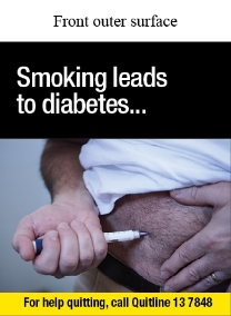 Front outer surface image shows a close up photo of a male injecting insulin into his abdomen with an insulin pen

Text reads Smoking leads to diabetes…
For help quitting, call Quitline 13 7848
