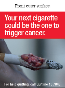 Front outer surface image is a photo of a lit cigarette with a cancerous growth coming out the white part of the cigarette. The cigarette is held between two fingers.

Text says Your next cigarette could be the one to trigger cancer.  
For help quitting, call the Quitline 13 7848

