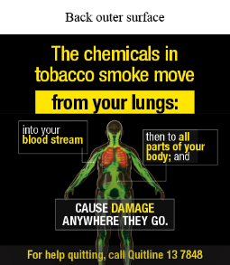 Back outer surface image shows an illustration showing the transparent outline of a human body with bright green arteries and bright red lungs in the upper section of the body

Text reads The chemicals in tobacco smoke move from your lungs: into your blood stream then to all parts of your body; and cause damage anywhere they go. For help quitting, call Quitline 13 7848
