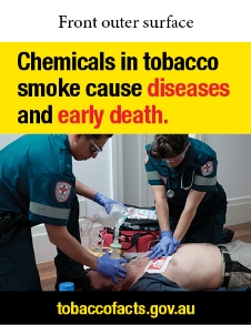 Front outer surface image shows a photo of 2 paramedics and a patient lying on the ground. 1 paramedic is holding an oxygen mask on the mouth of the patient and the other paramedic is a performing CPR chest compressions. There is a defibrillator in the background 

Text reads Chemicals in tobacco smoke cause diseases and early death. Tobaccofacts.gov.au
