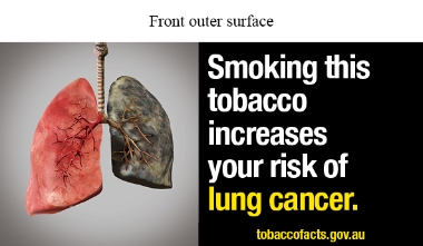Front outer surface image shows a stylised illustration of a pair of lungs, the left side is pink and healthy and the right side is grey, shrunken and unhealthy

Text reads Smoking this tobacco increases your risk of lung cancer. Tobaccofacts.gov.au
