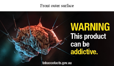 Front outer surface  image shows an illustration of a stylised brain with 10 hooks with lines attached fixed in the brain and pulling tight in different directions

Text reads WARNING this product can be addictive.
tobaccofacts.gov.au

