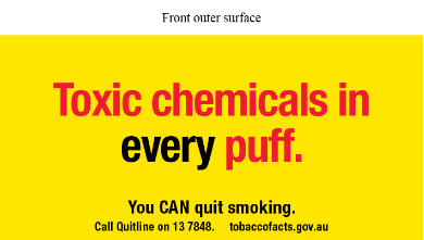 Front outer surface text reads Toxic chemicals in every puff. You CAN quit smoking. Call Quitline on 13 7848. tobaccofacts.gov.au