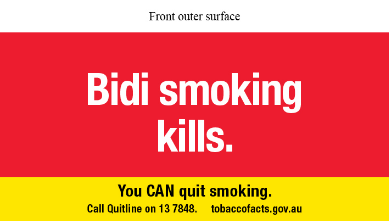 Front outer surface text reads Bidi smoking kills. You CAN quit smoking. Call Quitline on 13 7848. tobaccofacts.gov.au