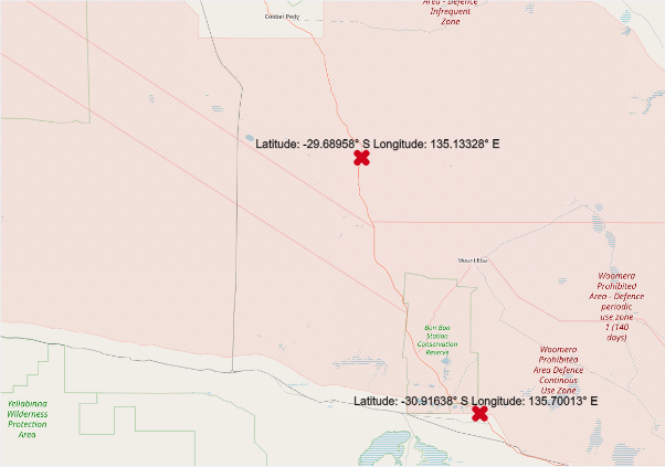 Map illustrating the points between which Standing Permission to travel on the Stuart Highway will be suspended