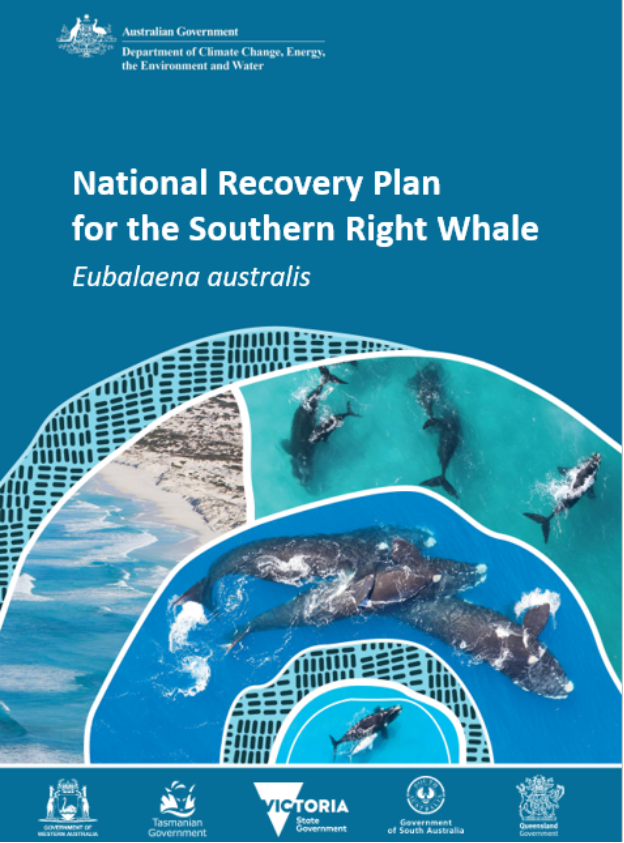 Cover page for the National Recovery Plan for the Southern Right Whale (Eubalaena australis) with images of Australia's coastline and southern right whales.