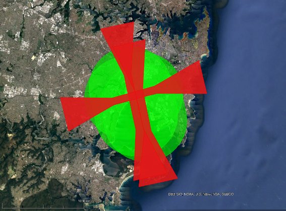 Map of area around Sydney aerodrome with approved area shaded green