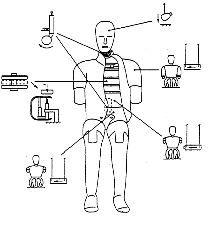 Figure 3 - Overview of the side impact dummy certification test set-up

Figure 3 is an overview of the side impact dummy certification test set-up. It shows the test set-up for all certification tests on the side impact dummy