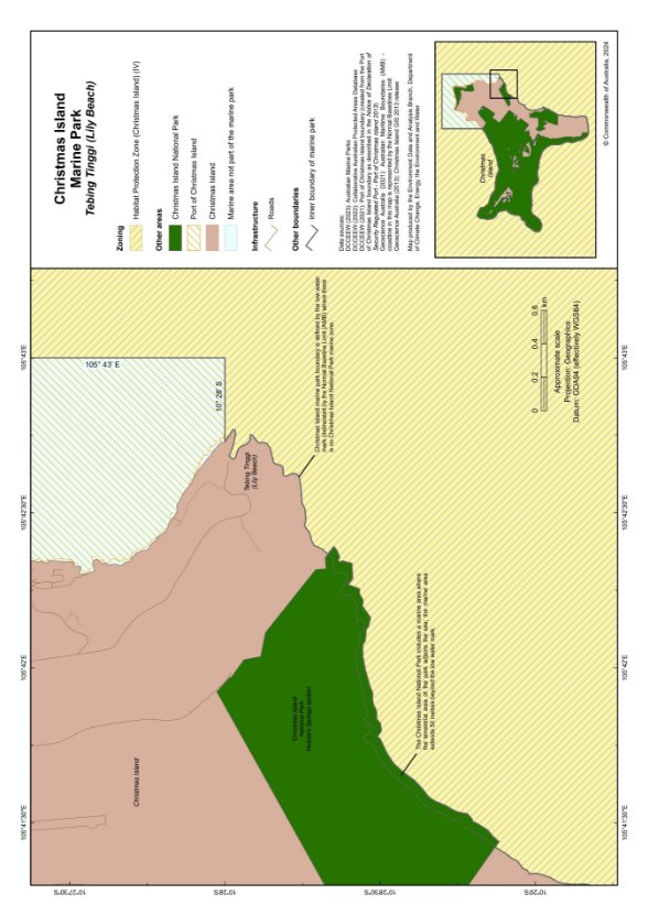 Christmas Island Marine Park inner boundary at Lily Beach. A map showcasing the marine park boundary located at Lily beach in Christmas Island 