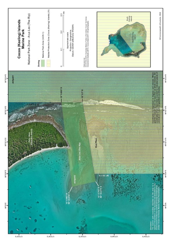 A map showcasing the marine park boundary located in The Rip in Direction Island at Cocos (Keeling) Islands using satellite imagery.