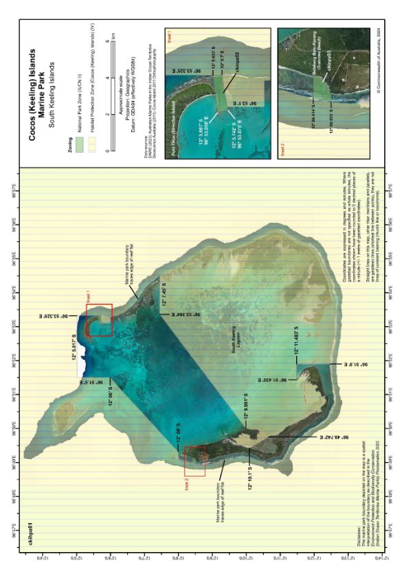  A map of Cocos (Keeling) Islands showing the coverage of the Marine Park in the inner zone boundary and port area using satellite imagery.