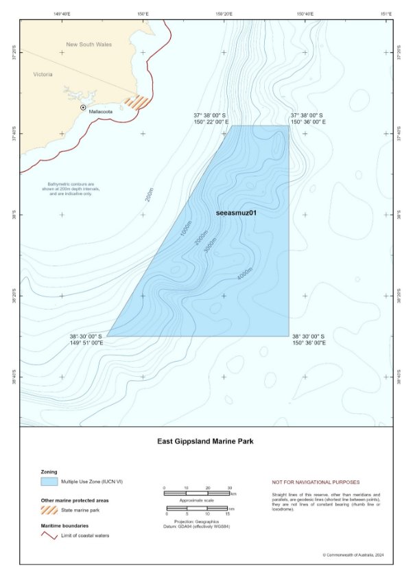 Figure S1.1 is a map showing the park boundary and IUCN zoning category assigned to East Gippsland Marine Park