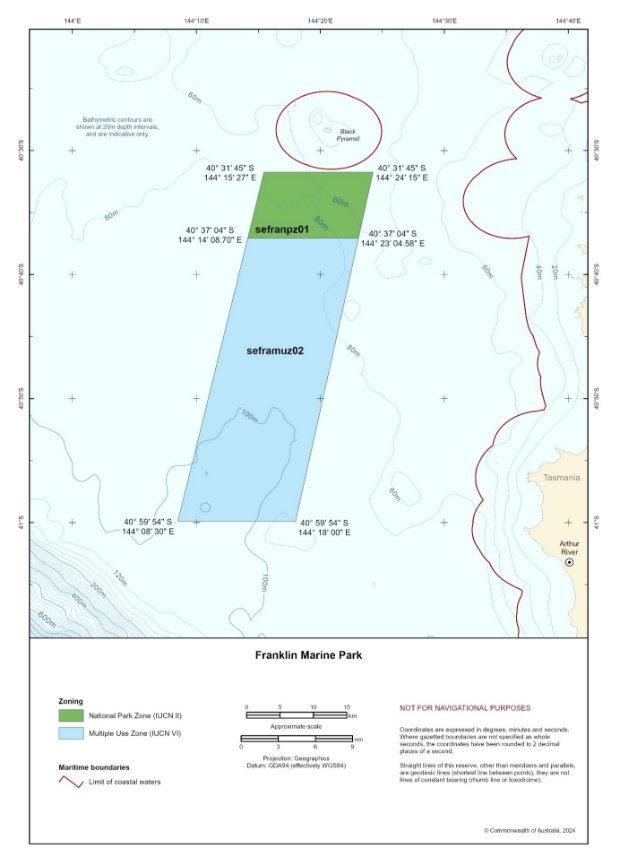 Figure S1.9 is a map showing the park boundary and IUCN zoning categories assigned to Franklin Marine Park