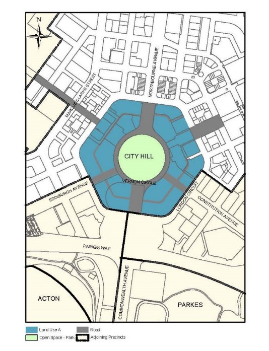 Image shows the mix of land use zoning around the City Hill Precinct. Zoning allows for mixed used development, roads, and open space in the location of City Hill Park.