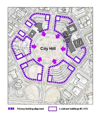 Image show indicative building form, height and landmark buildings around the City Hill Precinct. Landmark buildings to a height of RL617 are shown in locations that mark the corners of main avenues.