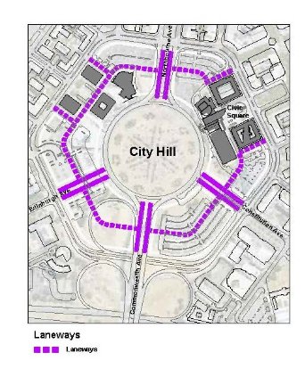 Image shows the location of indicative laneways within the City Hill Precinct. A laneway extends around the precinct to create permeability, and other small laneways provide connectivity between existing roads and the future laneway around the precinct.