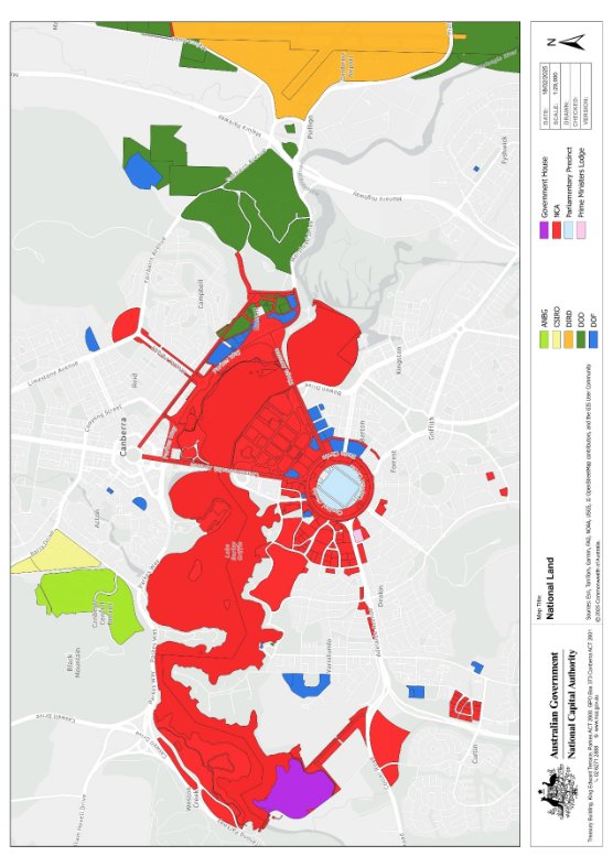 A map of the area of Canberra immediately surrounding Lake Burley Griffin. The parliamentary triangle, the lake and some other areas are marked in red. A smaller number of areas, mainly around Parliament House and Russell Offices, are marked in blue or green.