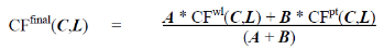 Start formula, compensation factor final equals, start fraction, warlike rating times, open parentheses, compensation factor warlike, close parentheses, plus peacetime rating, open parentheses, compensation factor peacetime, close parentheses, end fraction, divided by, open parentheses, warlike ratings plus peacetime ratings, close parentheses, end formula