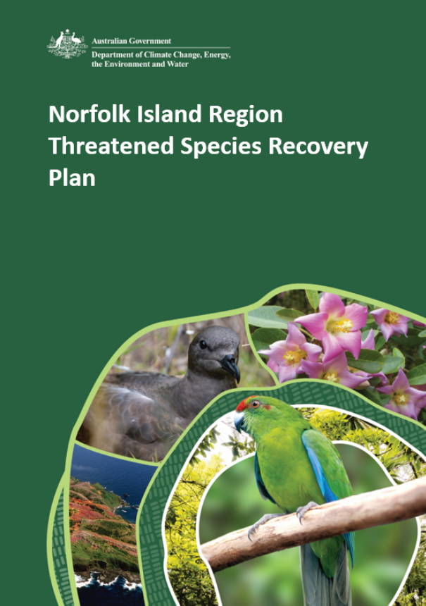Front cover image showing DCCEEW logo and composite image of birds, flowers, and an aerial photo of Norfolk Island