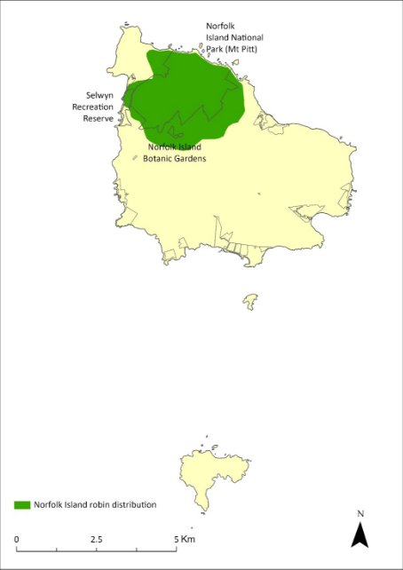A map showing the distribution of the Norfolk Island robin. The species occurs in the Mt Pitt section of the National Park on the northwest of Norfolk Island, with their distribution extending out around the park's periphery.