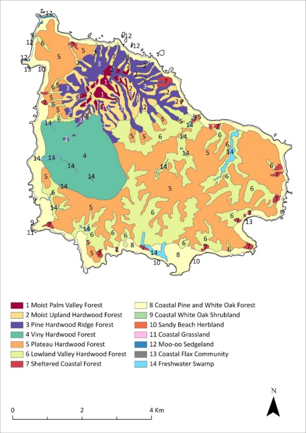 A map of Norfolk Island showing the native plant communities present in 1750 and their distribution. The Mt Pitt section of the park was primarily pine-hardwood ridge forest, moist upland hardwood forest and moist palm valley forest. To the southeast of the park was a large section of viny hardwood forest. The rest of Norfolk Island was primarily covered with plateau hardwood forest and lowland valley hardwood forest, with coastal pine and white oak forest around the periphery of the island.