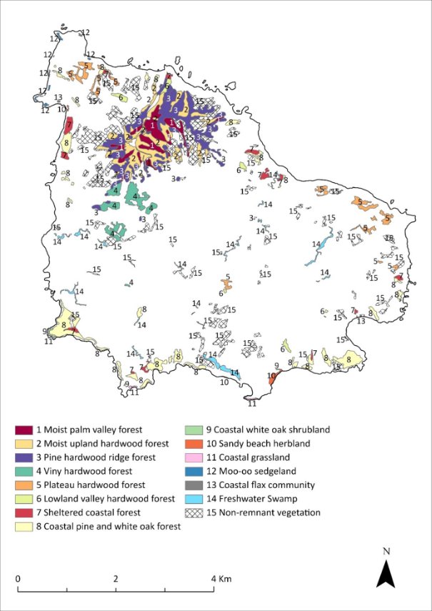 A map of Norfolk Island showing the native plant communities present in 2020 and their distribution. Most of the Island is clear of native vegetation. The Mt Pitt section of the park is primarily pine-hardwood ridge forest, moist upland hardwood forest, moist palm valley forest and non remnant vegetation. Outside of the park boundaries there are small patches of native pant communities including, viny hardwood forest, plateau hardwood forest and coastal pine and white oak forest.