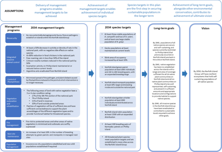 A chart representing the hierarchy of outcomes relevant to the 10-year Norfolk Island Threatened Species Recovery Plan. The chart presents the management programs and 2034 management targets, the 2034 objectives for species, the long-term goals and the vision that represents the ultimate outcome.