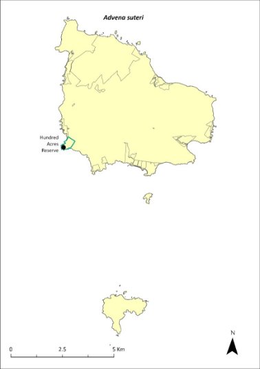 Map of the distribution of Advena suteri. A point shows recorded location within Hundred Acres Reserve.