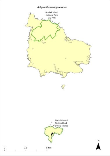 Map of the distribution of Achyranthes margaretarum. Green  outlines indicate the reserves the species occurs (Norfolk Island National Park, both the Mt Pitt section and Phillip Island). 