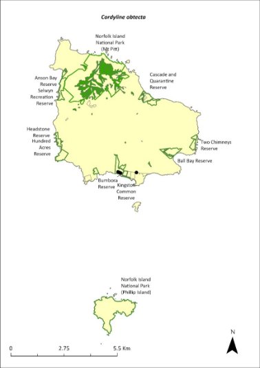 Map of the distribution of Cordyline obtecta. Green outlines indicate reserves within which the species occurs, including Norfolk Island National Park (both Mt Pitt section and Phillip Island), and Anson Bay, Selwyn, Headstone, Hundred Acres, Bumbora, Kingston Common, Ball Bay, Two Chimneys and Cascade and Quarantine reserves.