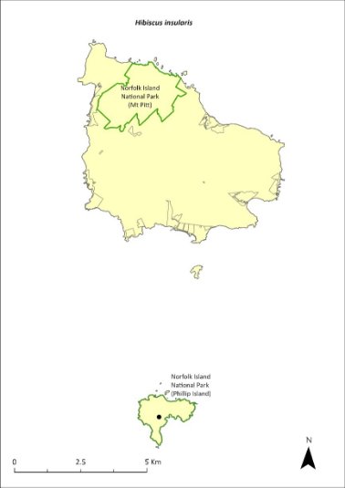 Map of the distribution of Hibiscus insularis. Green outlines indicate the reserves the species occurs (Norfolk Island National Park, both the Mt Pitt section and Phillip Island).