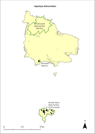 Map of the distribution of Hypolepis dicksonioides. Green outlines indicate reserves within which the species occurs, including Norfolk Island National Park (both Mt Pitt section and Phillip Island), and Bumbora Reserve.