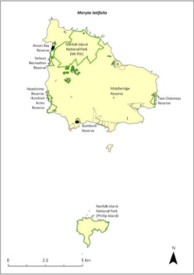 Map of the distribution of Meryta latifolia. Green outlines indicate reserves within which the species occurs, including Norfolk Island National Park (both Mt Pitt section and Phillip Island), and Anson Bay, Selwyn, Headstone, Hundred Acres, Bumbora and Two Chimneys reserves.