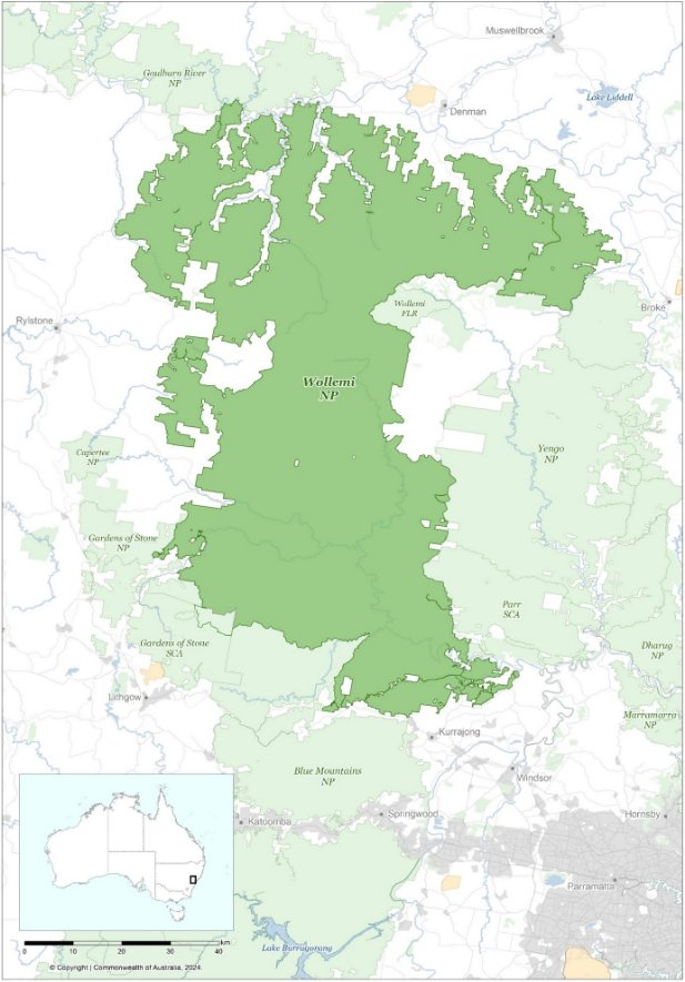 A map of Wollemi National Park, indicating its location on west of Sydney, NSW and showing surrounding National Parks