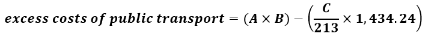 Start formula excess costs of public transport equals open bracket A times B close bracket minus open bracket start fraction C over 213 end fraction times 1,434.24 close bracket end formula 
