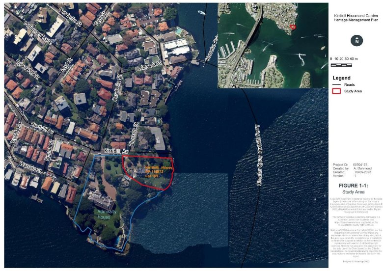 Picture of Kirribilli House map in an aerial street shot view. The image circles where Kirribilli House is in red and, Admiralty House next door is circled in blue. In the top right corner a street map shot of Kirribilli House and Sydney's harbours vicinity is displayed.