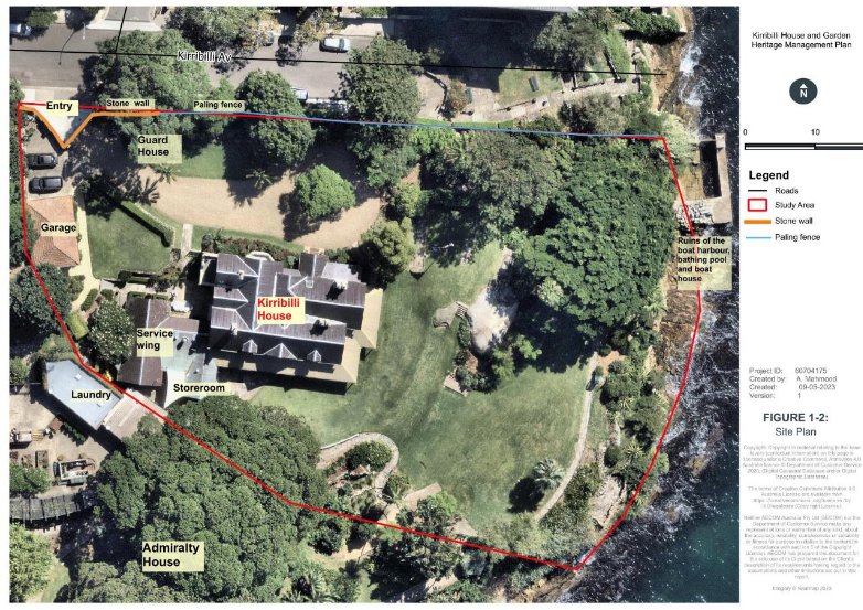 A picture depicting an aerial shot of Kirribilli House outlining the houses parameters and rooms within. 