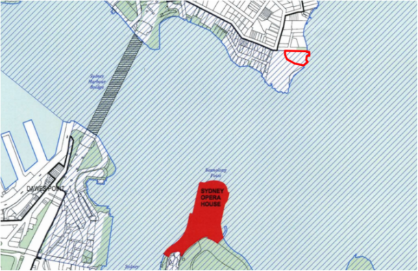 Aerial map image of Sydney's Harbour highlighting Kirribilli House and Opera House. 