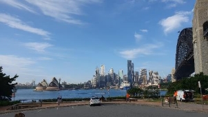 A picture overlooking Broughton Street showing the Sydney Harbour bridge, Opera House and Sydney CBD skyscrapers surrounded by blue skies. 
