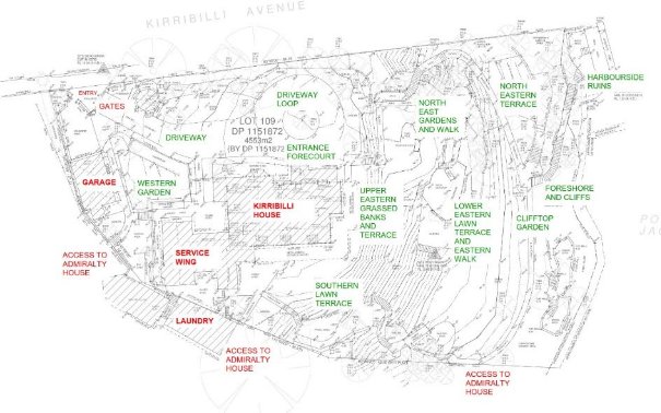 A picture of Admiralty House and Kirribilli House grounds as a detailed aerial shot map outlining key areas of the houses landscape. 