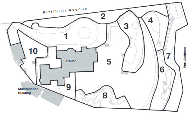 A picture of a landscape map of Kirribilli House outlining key areas of the grounds with each section numbered. 
