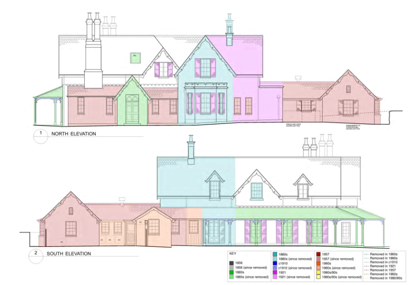 Drawings of the north and south elevations of Kirribilli House with areas coloured in specific shades to depict its areas evolution. 